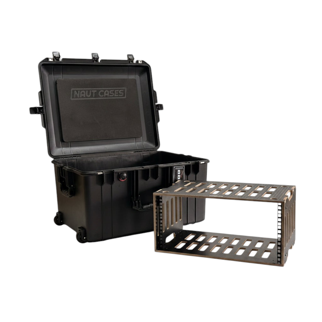 Naut Cases 7U rack sleeve for Allen & Heath DM32 made of birch hexa plywood next to a Pelican 1637Air case